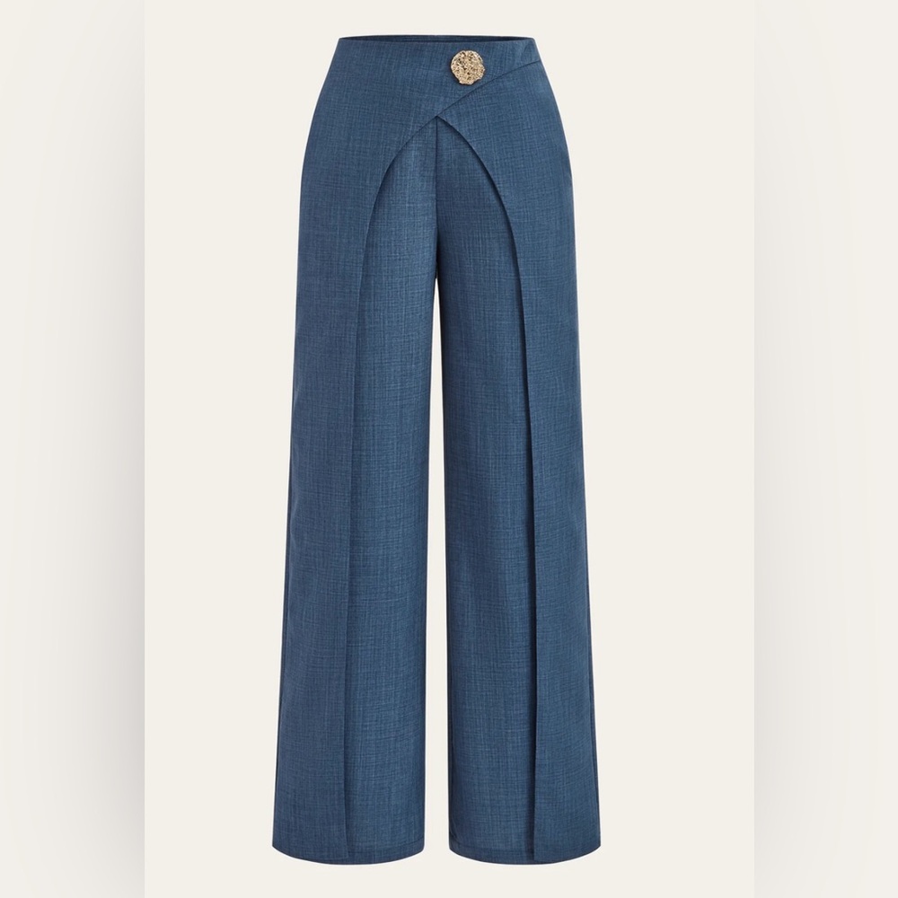 Commense Blue Wide-Leg Pants with Gold Button